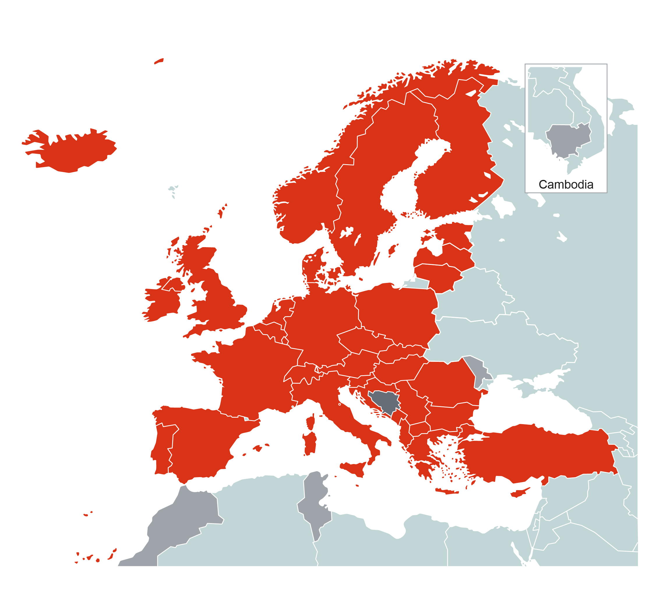 Map showing the EPO 39 member states in red, one extension state in dark grey  and five validation states in grey