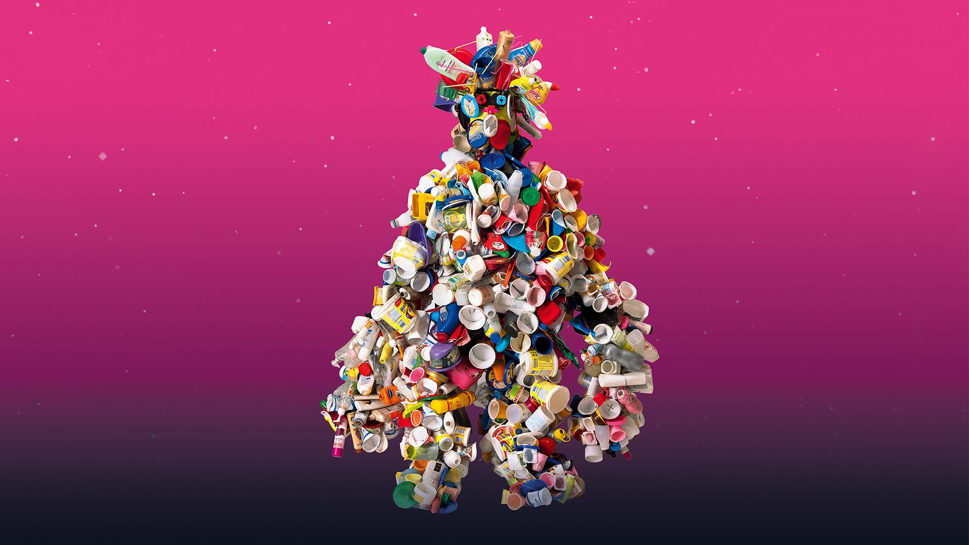 Key visual of the "Long Nights of Museums" of the year 2024 showing a garbage sculpture looking roughly like a person on mainly pink background