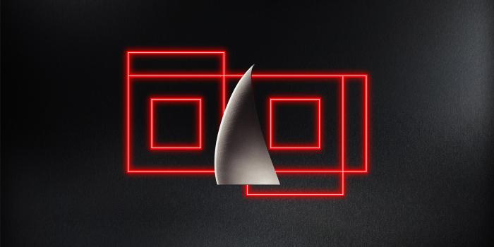Young Inventors Prize 2025 keyvisual, showing the sail-shaped trophy on a black background and red glowing squares in the background